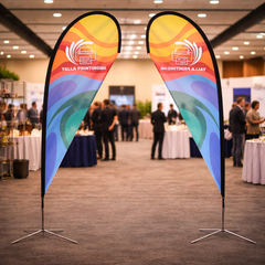 Custom Printed Teardrop Flag with Cross Base – Polyester Advertising Flag | Single Side Print, Reversed Back | Indoor & Outdoor Event, Retail & Exhibition Display | Yalla Printing UAE