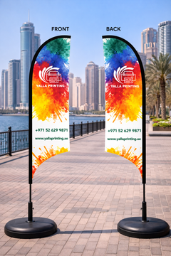 Custom Printed Double Sided Curved Top Flag with Plastic Coated Concrete Base (30KG) – Premium Satin Fabric Advertising Flag | 2 Printed Fabrics Stitched Together for Double Side View | Indoor & Outdoor Promotional Display | Yalla Printing UAE