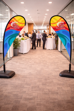 Custom Printed Double Sided Teardrop Flag with Plastic Coated Concrete Base (30KG) – Premium Satin Fabric Advertising Flag | 2 Printed Fabrics Stitched Together for Double Side View | Indoor & Outdoor Promotional Display | Yalla Printing UAE