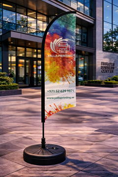 Custom Printed Curved Top Flag with Round Black Water Base (32KG) – Premium Polyester Fabric Advertising Flag | Single Side Printing with Reversed Back | Indoor & Outdoor Promotional Display | Yalla Printing UAE