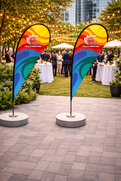 Custom Printed Double Sided Teardrop Flag with Round Concrete Base (45KG) – Premium Satin Fabric Advertising Flag | 2 Printed Fabrics Stitched Together for Double Side View | Indoor & Outdoor Promotional Display | Yalla Printing UAE