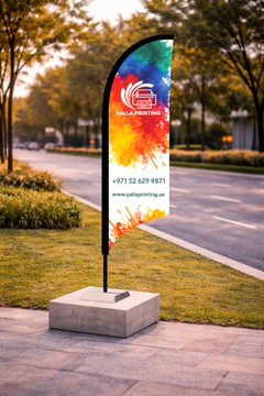 Custom Printed Curved Top Flag with Square Concrete Base (80KG) – Premium Polyester Fabric Advertising Flag | Single Side Printing with Reversed Back | Indoor & Outdoor Promotional Display | Yalla Printing UAE