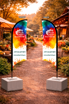 Custom Printed Double Sided Curved Top Flag with Square Concrete Base (80KG) – Premium Satin Fabric Advertising Flag | 2 Printed Fabrics Stitched Together for Double Side View | Indoor & Outdoor Promotional Display | Yalla Printing UAE
