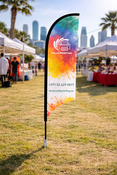 Custom Printed Curved Top Flag with Ground Spike – Premium Polyester Fabric Advertising Flag | Single Side Printing with Reversed Back | Outdoor Promotional Display for Events, Retail & Branding | Yalla Printing UAE