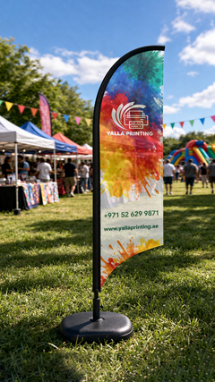 Custom Printed Curved Top Flag with Plastic Coated Concrete Base (30KG) – Premium Polyester Fabric Advertising Flag | Single Side Printing with Reversed Back | Indoor & Outdoor Promotional Display | Yalla Printing UAE