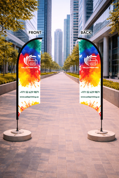 Custom Printed Double Sided Curved Top Flag with Round Concrete Base (45KG) – Premium Satin Fabric Advertising Flag | 2 Printed Fabrics Stitched Together for Double Side View | Indoor & Outdoor Promotional Display | Yalla Printing UAE