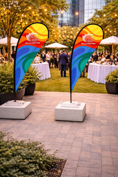 Custom Printed Double Sided Teardrop Flag with Square Concrete Base (80KG) – Premium Satin Fabric Advertising Flag | 2 Printed Fabrics Stitched Together for Double Side View | Indoor & Outdoor Promotional Display | Yalla Printing UAE