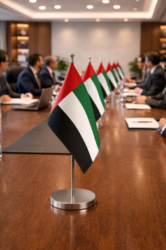 حامل علم الطاولة المخصص - قماش ساتان بمقاس قياسي وطباعة على الوجهين مع سارية فضية مفردة | دعم تصميم مجاني | يلا للطباعة الإمارات