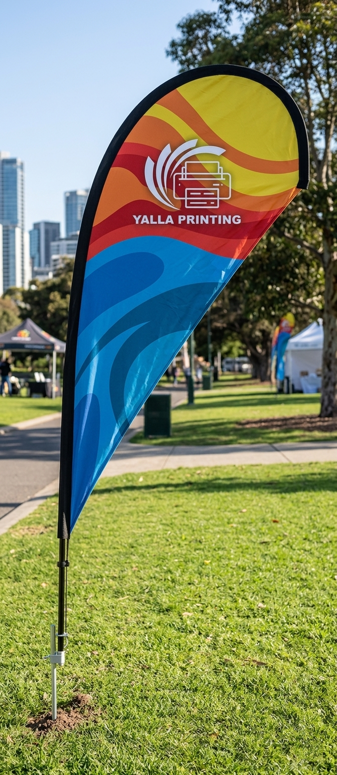 Custom Printed Teardrop Flag with Ground Spike – Premium Polyester Fabric Advertising Flag | Single Side Printing with Reversed Back | Outdoor Promotional Branding Display for Events, Retail, Roadshows & Business Marketing | Yalla Printing UAE