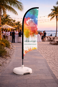 Custom Printed Curved Top Flag with White Square Water Base (20KG) – Premium Polyester Fabric Advertising Flag | Single Side Printing with Reversed Back | Indoor & Outdoor Promotional Display | Yalla Printing UAE