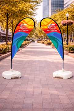 Custom Printed Double Sided Teardrop Flag with White Square Water Base (20KG) – Premium Satin Fabric Advertising Flag | 2 Printed Fabrics Stitched Together for Double Side View | Indoor & Outdoor Promotional Display | Yalla Printing UAE