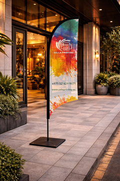 Custom Printed Curved Top Flag with Square Metal Base – Premium Polyester Fabric Advertising Flag | Single Side Printing with Reversed Back | Indoor & Outdoor Promotional Display | Yalla Printing UAE