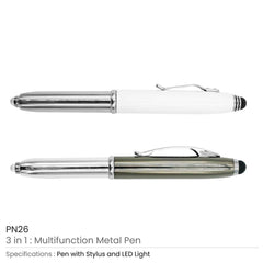 Custom Printed 3 In 1 Metal Pens With Stylus And Light - Stainless Steel With Premium Display System - Stainless Steel | Logo Branding Corporate Gift | UAE Delivery | Yalla Printing UAE