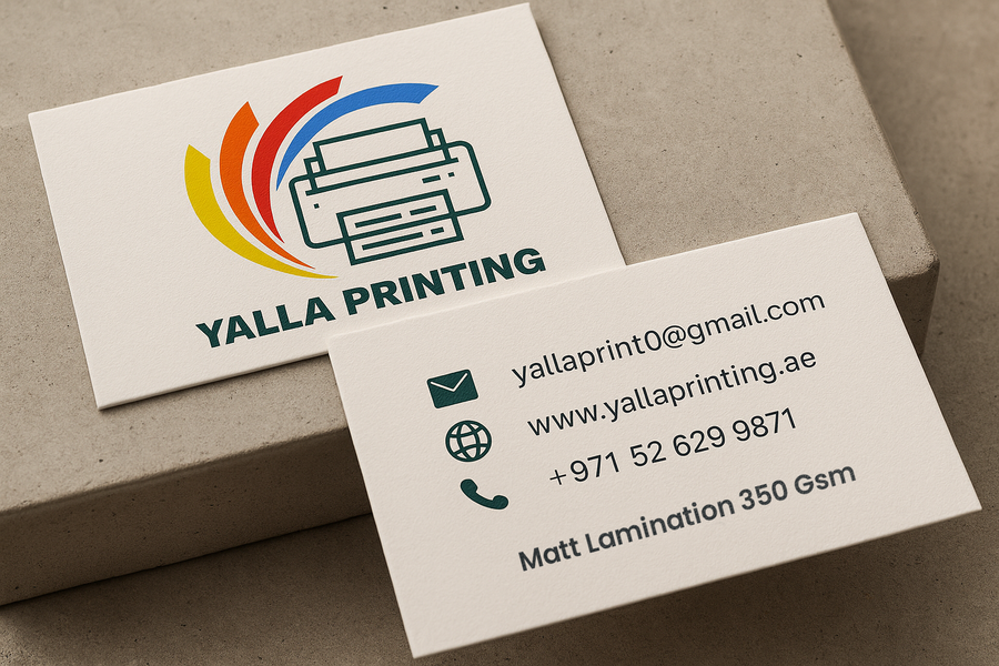 350 GSM Matt Laminated Business Cards – Premium Quality, Double-Sided Printing | Free Design | VAT & Delivery Included | Yalla Printing UAE