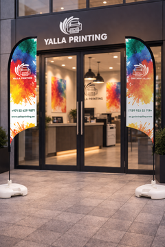Custom Printed Curved Top Flag with White Square Water Base (20KG) – Premium Polyester Fabric Advertising Flag | Single Side Printing with Reversed Back | Indoor & Outdoor Promotional Display | Yalla Printing UAE