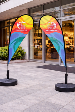 Custom Printed Teardrop Flag with Round Black Water Base (32KG) – Premium Polyester Fabric Advertising Flag | Single Side Printing with Reversed Back | Indoor & Outdoor Promotional Display for Events, Retail & Exhibitions | Yalla Printing UAE