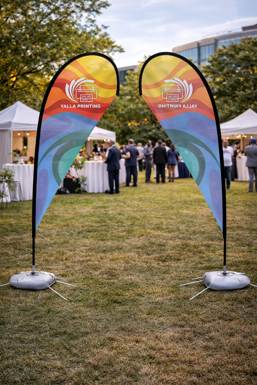 Custom Printed Teardrop Flag with Cross Base & Water Weight Bag – Premium Polyester Fabric Advertising Flag | Single Side Printing with Reversed Back | Indoor & Outdoor Promotional Display for Events, Retail, Exhibitions & Roadshows | Yalla Printing UAE