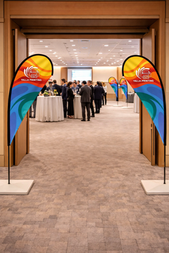Custom Printed Double Sided Teardrop Flag with Square Concrete Base (30KG) – Premium Satin Fabric Advertising Flag | 2 Printed Fabrics Stitched Together for Double Side View | Indoor & Outdoor Promotional Display | Yalla Printing UAE