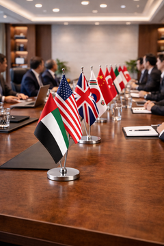 Dual Table Top Flag Stand – Standard Size Satin Double Side Desk Flag with V Shape Silver Pole | Custom Sticker & Label Printing | Free Design Support | Yalla Printing UAE