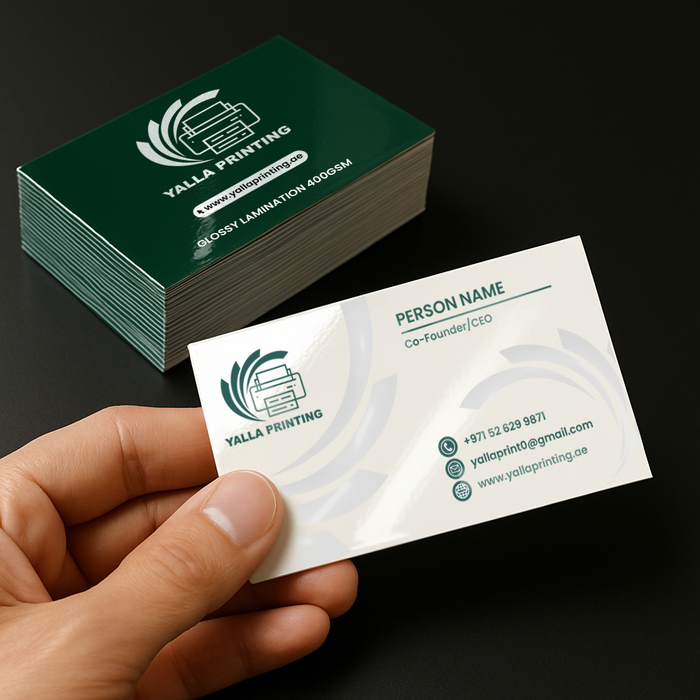 Glossy Lamination Business Cards with Round Corners – 400 GSM | Premium Shine & Double-Sided Printing | Free Design & Fast UAE Delivery – Yalla Printing