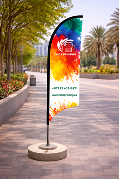 Custom Printed Double Sided Curved Top Flag with Round Concrete Base (45KG) – Premium Satin Fabric Advertising Flag | 2 Printed Fabrics Stitched Together for Double Side View | Indoor & Outdoor Promotional Display | Yalla Printing UAE