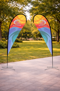Custom Printed Teardrop Flag with Cross Base – Polyester Advertising Flag | Single Side Print, Reversed Back | Indoor & Outdoor Event, Retail & Exhibition Display | Yalla Printing UAE