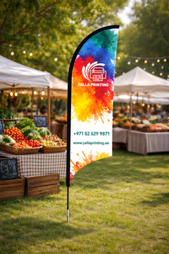 Custom Printed Double Sided Curved Top Flag with Ground Spike – Premium Satin Fabric Advertising Flag | 2 Printed Fabrics Stitched Together for Double Side View | Outdoor Promotional Display | Yalla Printing UAE