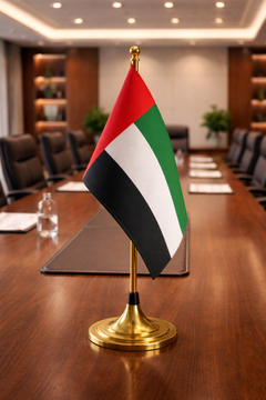 Custom Table Top Flag Stand – Standard Size Satin Fabric Double Side Printing with Single Gold Pole | Custom Sticker & Label Printing | Free Design Support | Yalla Printing UAE