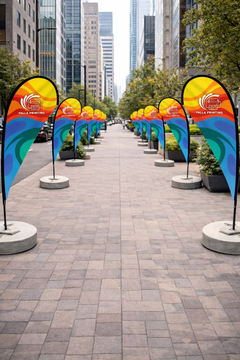 Custom Printed Double Sided Teardrop Flag with Round Concrete Base (45KG) – Premium Satin Fabric Advertising Flag | 2 Printed Fabrics Stitched Together for Double Side View | Indoor & Outdoor Promotional Display | Yalla Printing UAE