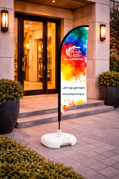 Custom Printed Double Sided Curved Top Flag with White Square Water Base (20KG) – Premium Satin Fabric Advertising Flag | 2 Printed Fabrics Stitched Together for Double Side View | Indoor & Outdoor Promotional Display | Yalla Printing UAE