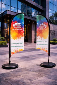 Custom Printed Curved Top Flag with Plastic Coated Concrete Base (30KG) – Premium Polyester Fabric Advertising Flag | Single Side Printing with Reversed Back | Indoor & Outdoor Promotional Display | Yalla Printing UAE