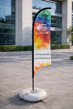 Custom Printed Curved Top Flag with Cross Base & Water Weight Bag – Premium Polyester Fabric Advertising Flag | Single Side Printing with Reversed Back | Indoor & Outdoor Promotional Display | Yalla Printing UAE