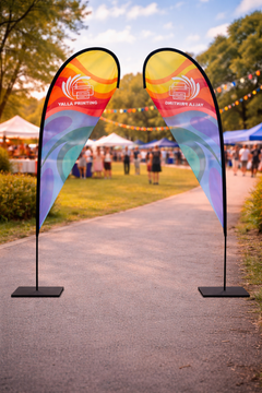 Custom Printed Teardrop Flag with Square Metal Base – Premium Polyester Fabric Advertising Flag | Single Side Printing with Reversed Back | Indoor & Outdoor Promotional Display for Events, Retail & Exhibitions | Yalla Printing UAE