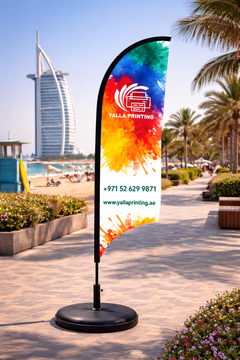 Custom Printed Double Sided Curved Top Flag with Plastic Coated Concrete Base (30KG) – Premium Satin Fabric Advertising Flag | 2 Printed Fabrics Stitched Together for Double Side View | Indoor & Outdoor Promotional Display | Yalla Printing UAE