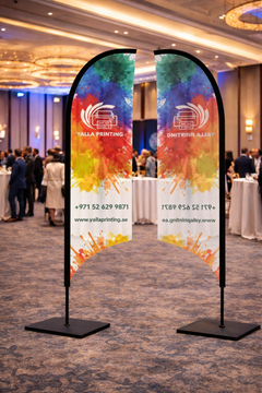 Custom Printed Curved Top Flag with Square Metal Base – Premium Polyester Fabric Advertising Flag | Single Side Printing with Reversed Back | Indoor & Outdoor Promotional Display | Yalla Printing UAE