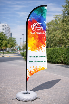 Custom Printed Double Sided Curved Top Flag with Cross Base & Water Weight Bag – Premium Satin Fabric Advertising Flag | 2 Printed Fabrics Stitched Together for Double Side View | Indoor & Outdoor Promotional Display | Yalla Printing UAE