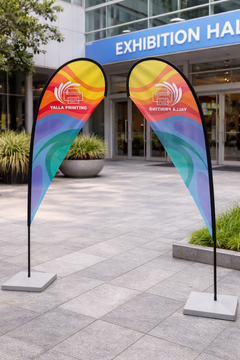 Custom Printed Teardrop Flag with Square Concrete Base (30KG) – Premium Polyester Fabric Advertising Flag | Single Side Printing with Reversed Back | Indoor & Outdoor Promotional Display for Events, Retail & Exhibitions | Yalla Printing UAE