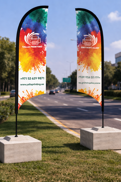 Custom Printed Curved Top Flag with Square Concrete Base (80KG) – Premium Polyester Fabric Advertising Flag | Single Side Printing with Reversed Back | Indoor & Outdoor Promotional Display | Yalla Printing UAE
