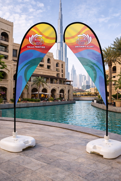 Custom Printed Teardrop Flag with White Square Water Base (20KG) – Premium Polyester Fabric Advertising Flag | Single Side Printing with Reversed Back | Indoor & Outdoor Promotional Display for Events, Retail & Exhibitions | Yalla Printing UAE