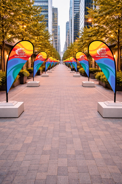 Custom Printed Double Sided Teardrop Flag with Square Concrete Base (80KG) – Premium Satin Fabric Advertising Flag | 2 Printed Fabrics Stitched Together for Double Side View | Indoor & Outdoor Promotional Display | Yalla Printing UAE