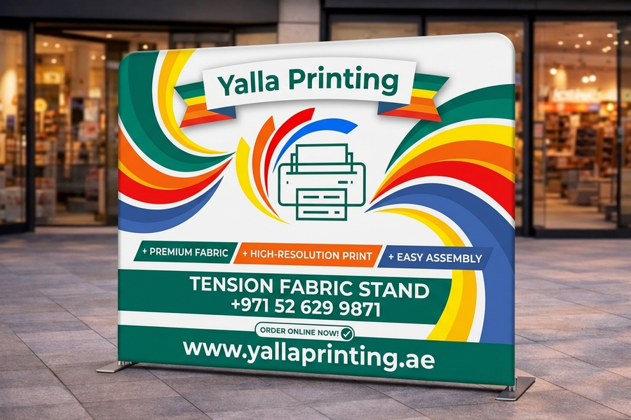 Custom Printed Straight Tension Fabric Stand 400 x 230 cm – Fabric Display Backdrop with Stitching and Straight Frame | Premium Signage & Display Printing | Free Design Support | Yalla Printing UAE