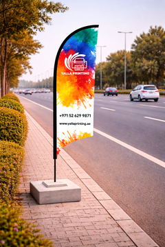 Custom Printed Double Sided Curved Top Flag with Square Concrete Base (80KG) – Premium Satin Fabric Advertising Flag | 2 Printed Fabrics Stitched Together for Double Side View | Indoor & Outdoor Promotional Display | Yalla Printing UAE