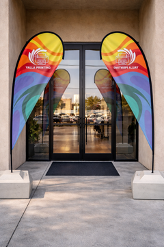 Custom Printed Teardrop Flag with Square Concrete Base (80KG) – Premium Polyester Fabric Advertising Flag | Single Side Printing with Reversed Back | Indoor & Outdoor Promotional Display for Events, Retail & Exhibitions | Yalla Printing UAE
