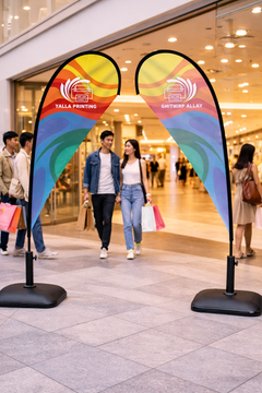 Custom Printed Teardrop Flag with Plastic Coated Concrete Base (30KG) – Premium Polyester Fabric Advertising Flag | Single Side Printing with Reversed Back | Indoor & Outdoor Promotional Display for Events, Retail & Exhibitions | Yalla Printing UAE