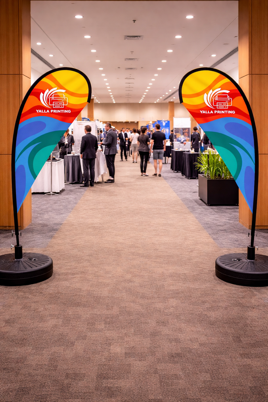 Custom Printed Double Sided Teardrop Flag with Round Black Water Base (32KG) – Premium Satin Fabric Advertising Flag | 2 Printed Fabrics Stitched Together for Double Side View | Indoor & Outdoor Promotional Display | Yalla Printing UAE