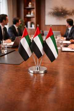 Custom Table Top Flag Stand – Standard Size Satin Double Side Desk Flag with V Shape Silver Pole for 3 Flags | Custom Sticker & Label Printing | Free Design Support | Yalla Printing UAE