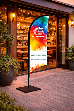 Custom Printed Double Sided Curved Top Flag with Square Metal Base – Premium Satin Fabric Advertising Flag | 2 Printed Fabrics Stitched Together for Double Side View | Indoor & Outdoor Promotional Display | Yalla Printing UAE