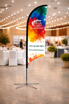 Custom Printed Curved Top Flag with Cross Base – Premium Polyester Fabric Advertising Flag | Single Side Printing with Reversed Back | Indoor & Outdoor Promotional Display for Events, Retail & Exhibitions | Yalla Printing UAE