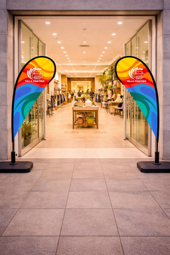 Custom Printed Double Sided Teardrop Flag with Plastic Coated Concrete Base (30KG) – Premium Satin Fabric Advertising Flag | 2 Printed Fabrics Stitched Together for Double Side View | Indoor & Outdoor Promotional Display | Yalla Printing UAE