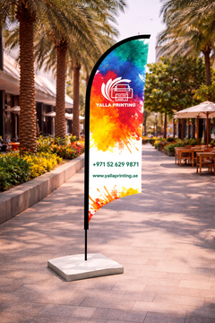 Custom Printed Double Sided Curved Top Flag with Square Concrete Base (30KG) – Premium Satin Fabric Advertising Flag | 2 Printed Fabrics Stitched Together for Double Side View | Indoor & Outdoor Promotional Display | Yalla Printing UAE
